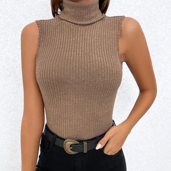 Mocha Brown Sleeveless Knit Turtleneck Top in L - Picture 4 of 5